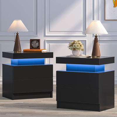 Bingoday Black Nightstand Set of 2 Black Bedside Tables Set of 2 LED Night Stand Set 2 Wood Nightstand Set of 2 with 2 Drawers for Bedroom Living Room