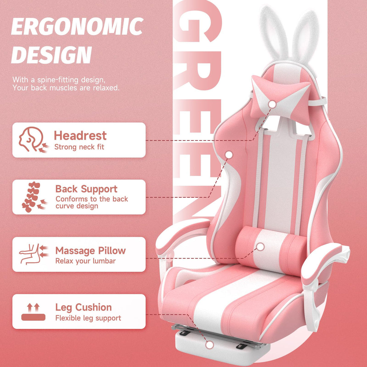 Ferghana Kawaii Pink Gaming Chair with Bunny Ears, Ergonomic Cute Gamer Chair with Footrest and Massage, Racing Reclining Home Computer Game Chair for Girls Adults Teens Kids Ferghana