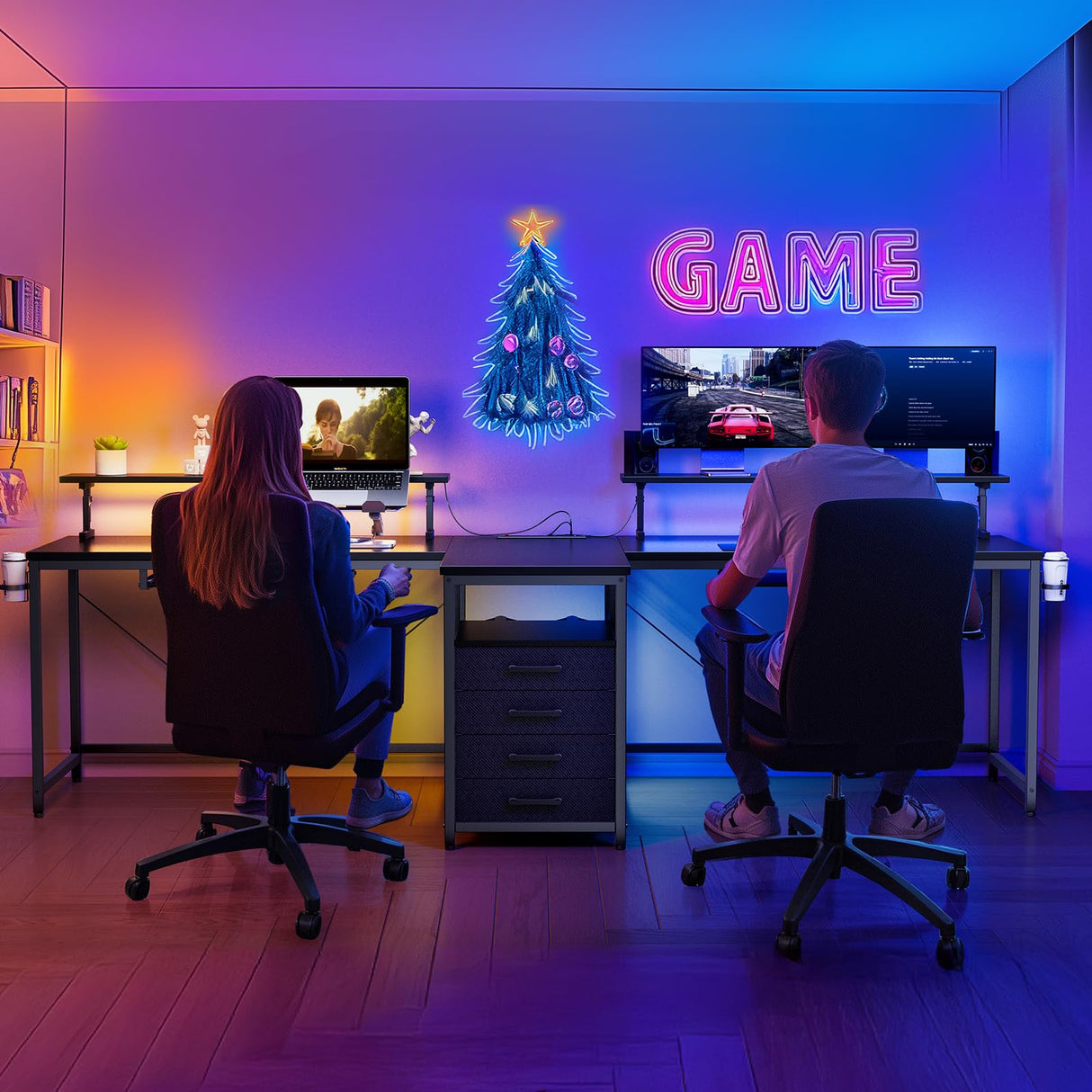 DOMICON 2 Person Desk with Power Outlet & LED Lights, Extra Long 94.5 Inch Computer Desk with Storage Shelves and Monitor Stand for Home Office, Double Gaming Desk, Black DOMICON