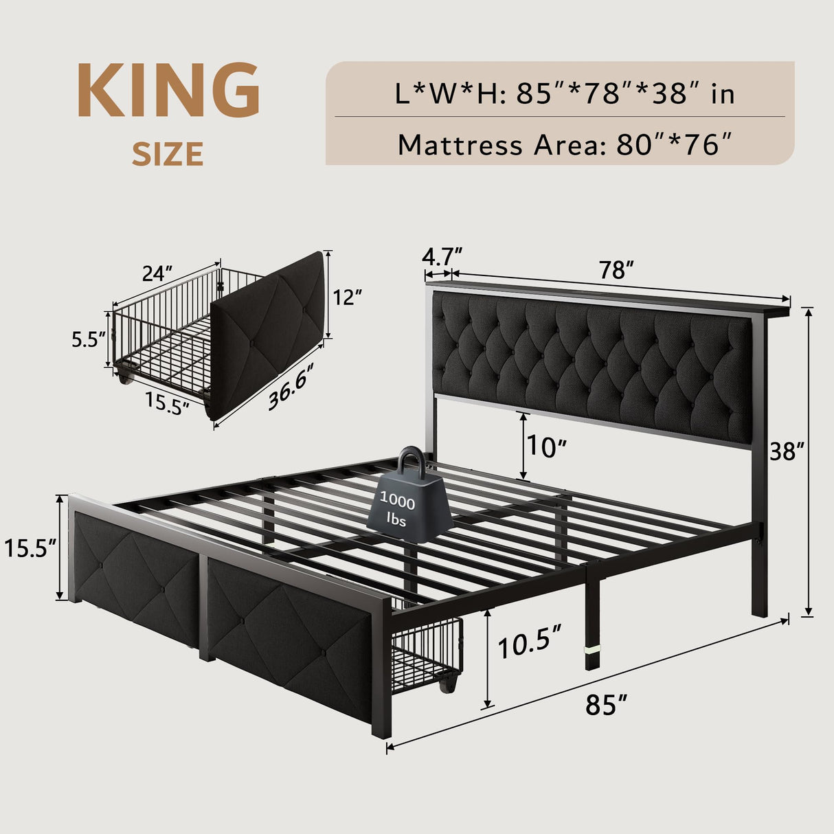 iPormis King Bed Frame with 2 Storage Drawers, Linen Upholstered Headboard Platform Bed with Charging Station, No Box Spring Needed, Metal Slats Support, Noise-Free, Easy Assembly, Black iPormis