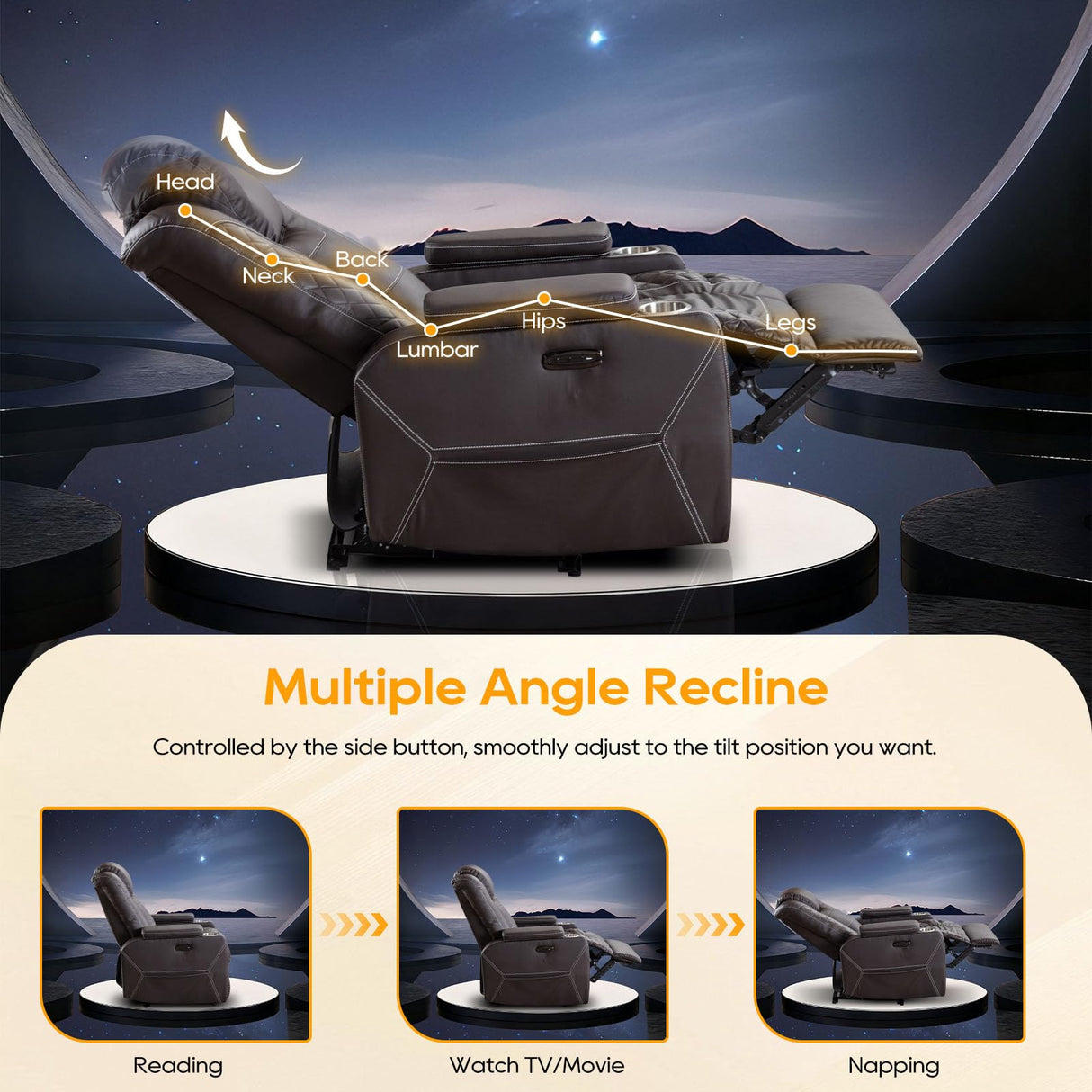 IPKIG Homer Theater Seating Recliner, Power Recliner Chair with Adjustable Powered Headrest, 4 Colors Ambient Lightings, Hidden Arm Storage, USB Port, Side Pockets and Cup Holders (1, Brown) IPKIG