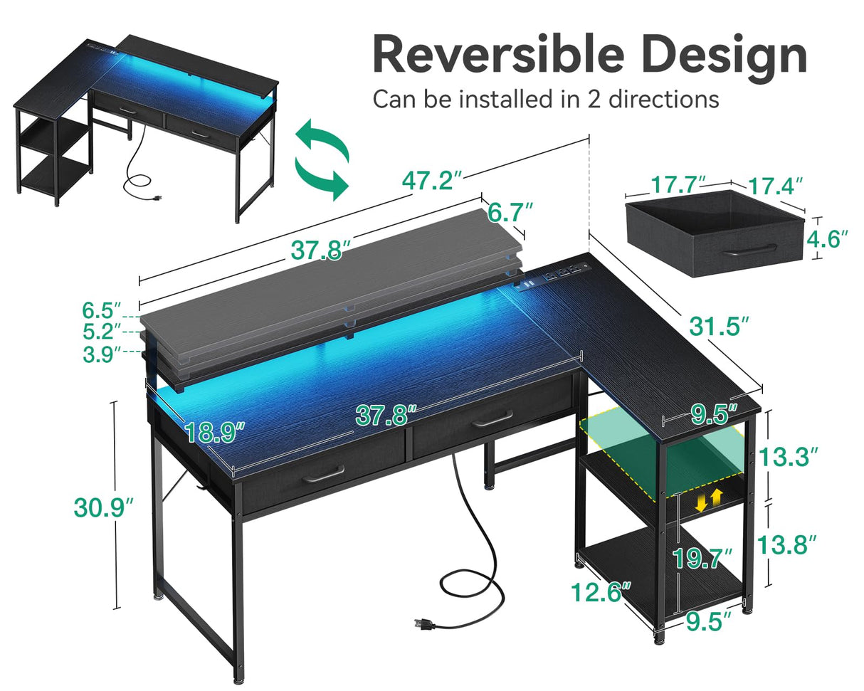 Coleshome 48 Inch L Shaped Gaming Desk with 2 Drawers & Storage Shelves, Computer Desk with USB Ports, Study Writing Table for Bedroom, Simple Modern Laptop Desk for Home Office, Black Coleshome