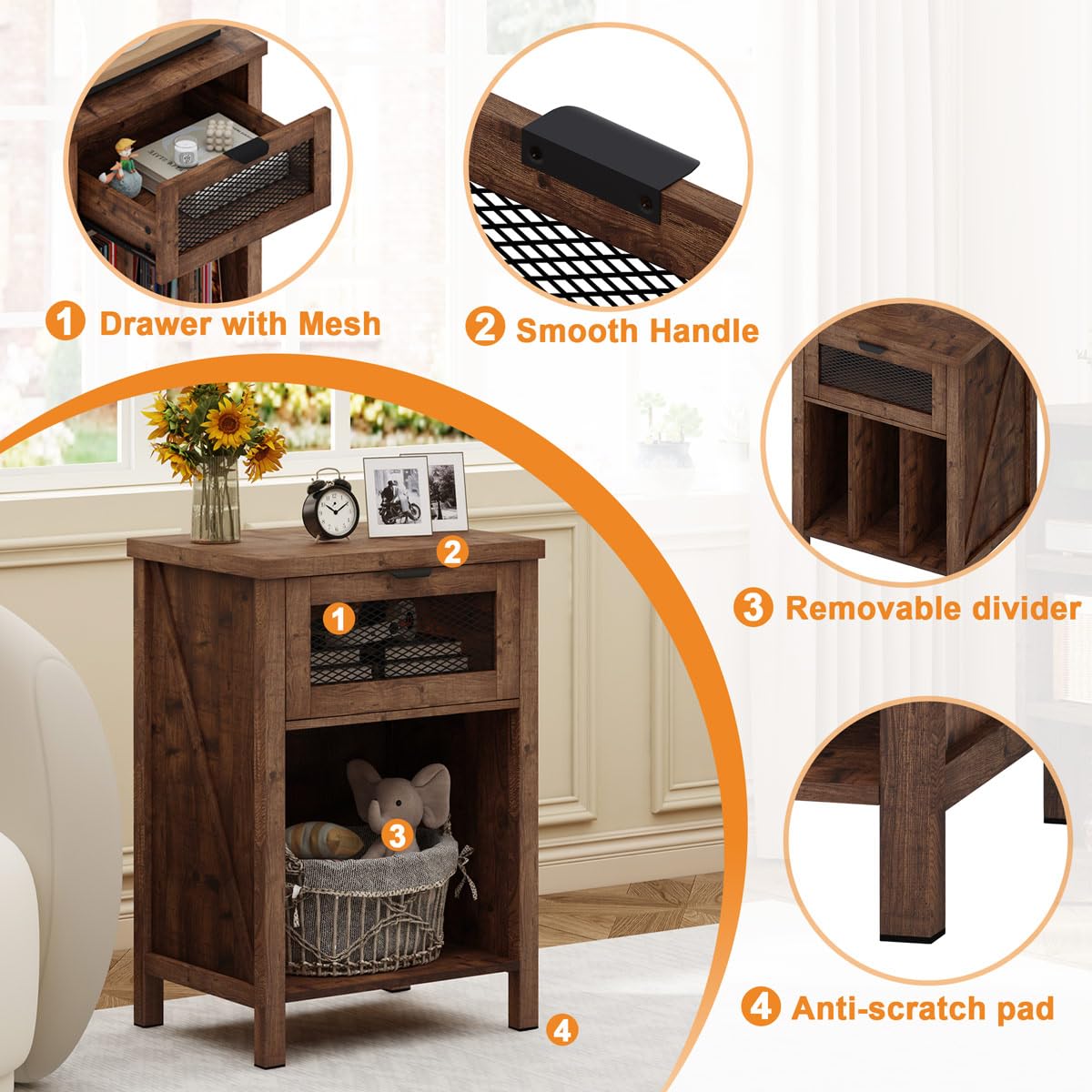 BON AUGURE Record Player Stand with Vinyl Storage, Farmhouse Record Player Cabinet End Table Holds up to 160 Albums, Brown Turntable Stand for Living Room, Bedroom, Office (Rustic Oak) BON AUGURE