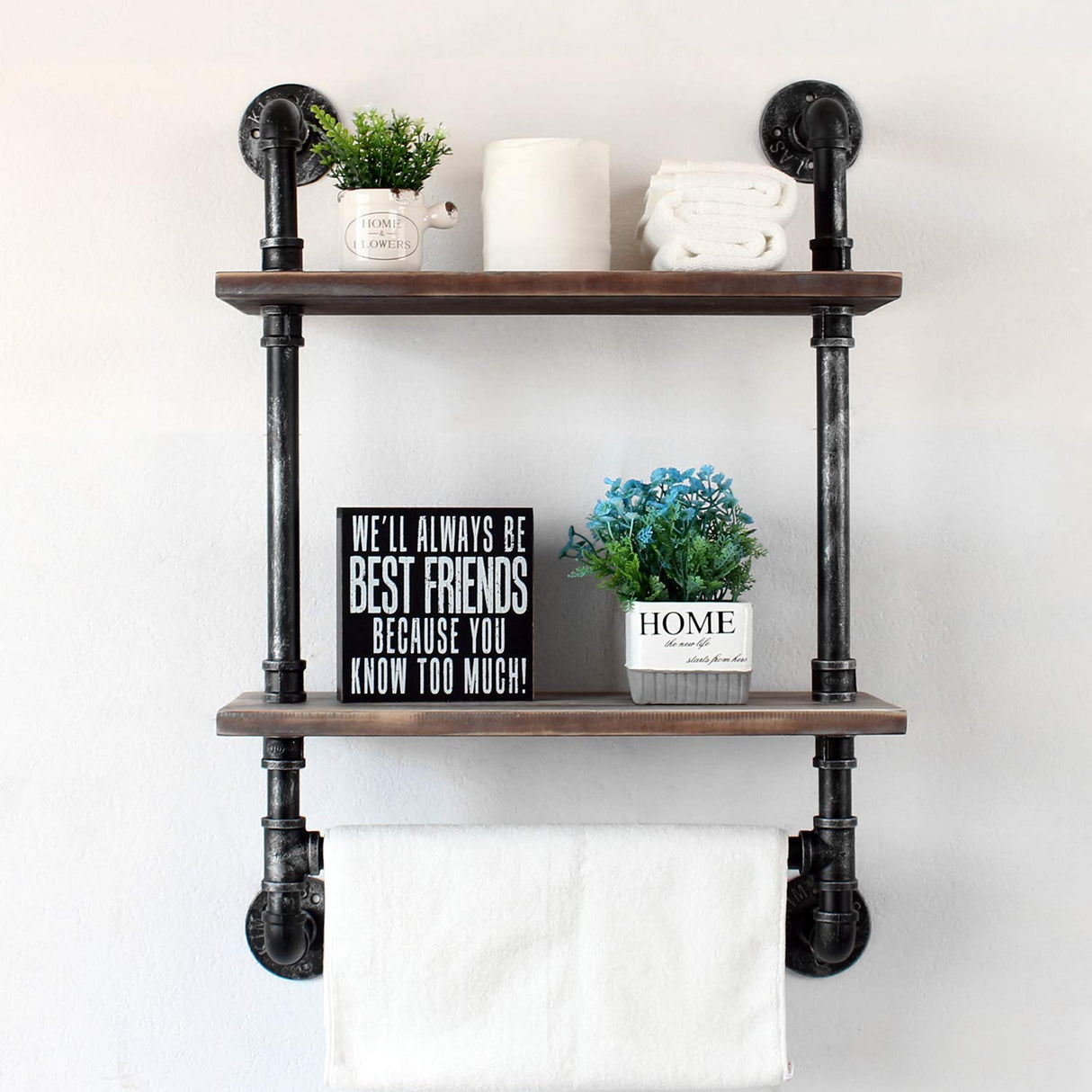 Industrial Pipe Shelf Bathroom Shelves Wall Mounted,19.6in Rustic Wood Shelf with Towel Bar,2 Tier Farmhouse Towel Rack Over Toilet,Pipe Shelving Floating Shelves Towel Holder,Retro Grey MBQQ