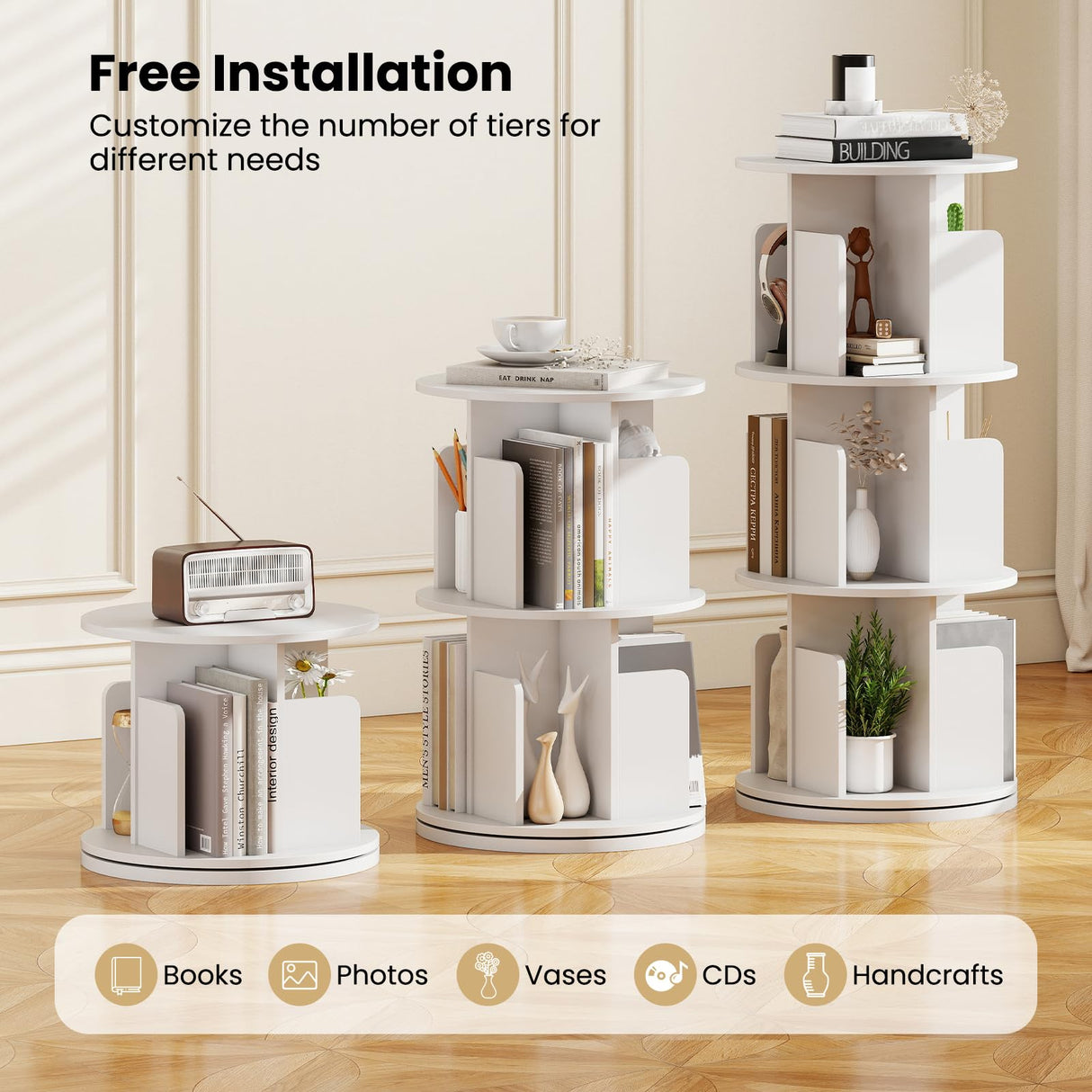 Giantex 3-Tier Rotating Bookshelf, 360° Display Rack w/Dividers & Anti-Falling Baffles, Multifunctional Narrow Floor Standing Bookcase, Book Storage Organizer for Living Room Bedroom, White Giantex