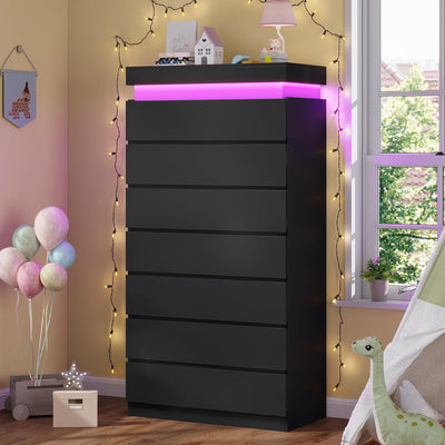 HAUOMS Tall 7 Drawer Dresser with LED Light, Black Modern Chest of Drawers for Bedroom,Closet Dressers with Drawers for Living Room, Entryway, Hallway