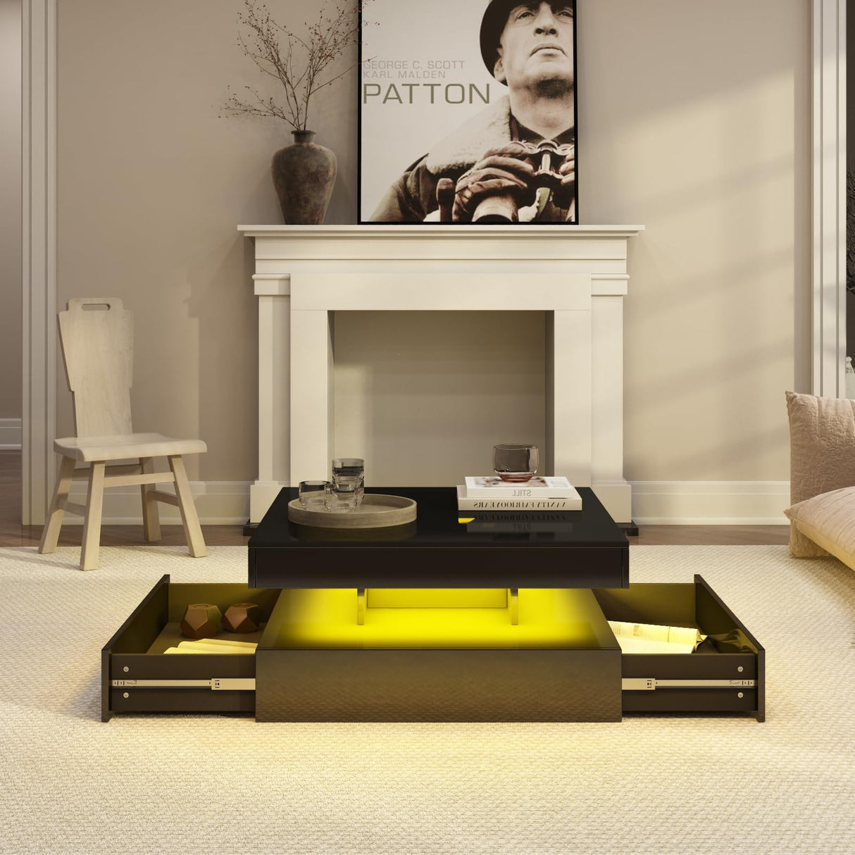 Black Coffee Table Square with LED Lights, High Glossy Center Table with Storage, Lighted Cocktail Table with Sliding Drawers, Modern Mid Century Table for Living Room, Home and Office Generic