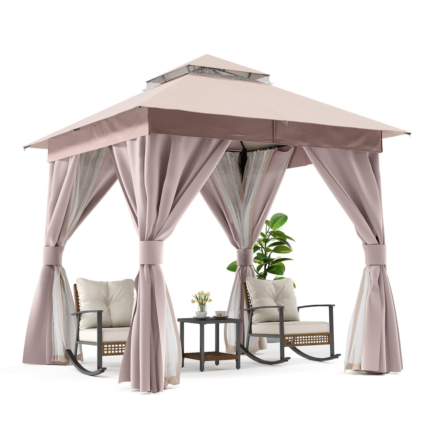 LAUSAINT HOME Outdoor Patio Gazebo 8'x8' with Expansion Bolts, Heavy Duty Gazebos Shelter Party Tent with Double Roofs, Mosquito Nettings and Privacy Screens for Backyard, Garden, Lawn, Khaki