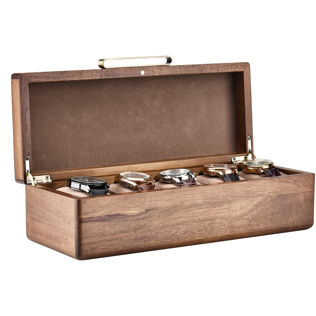 Shanik Wooden Watch Box for Men - Personalized Storage with 5 Slots for Watches, Soft Velvet Pillows, Natural Acacia Wood Without Engraving Shanik