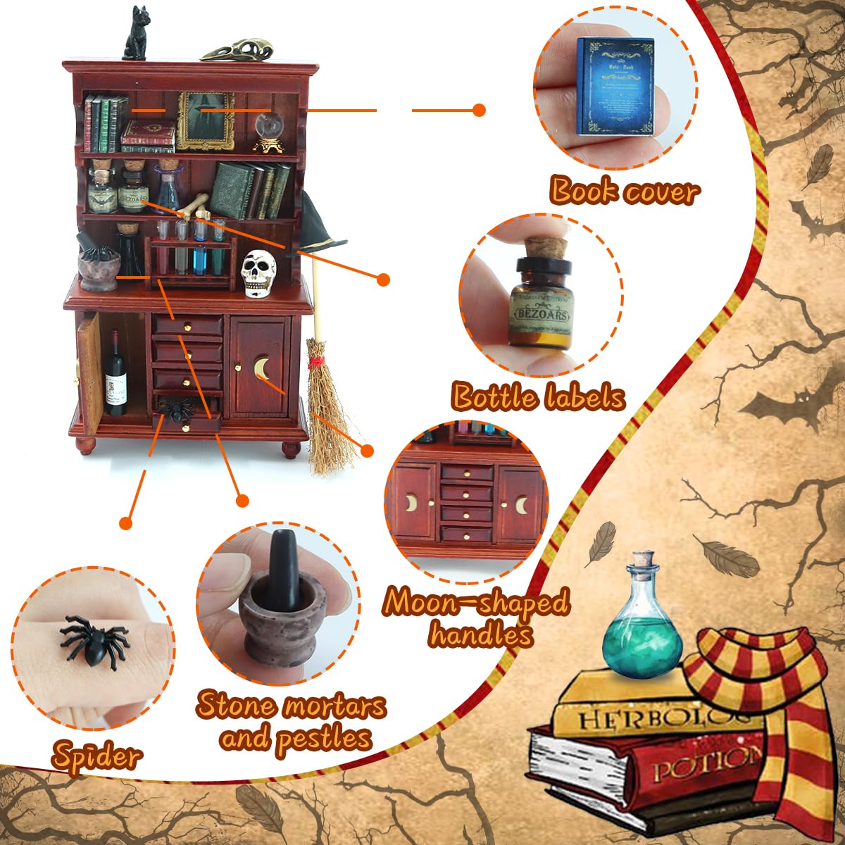 BEIREG Dollhouse Miniatures 1/12 Scale Accessories, Wooden Bookshelf Furniture Set - Magic Bottle&Potion, Witch Frame and Hat, Mini Bookcase, Haunted Dollhouse Halloween Decorations for Kids Gifts BEIREG