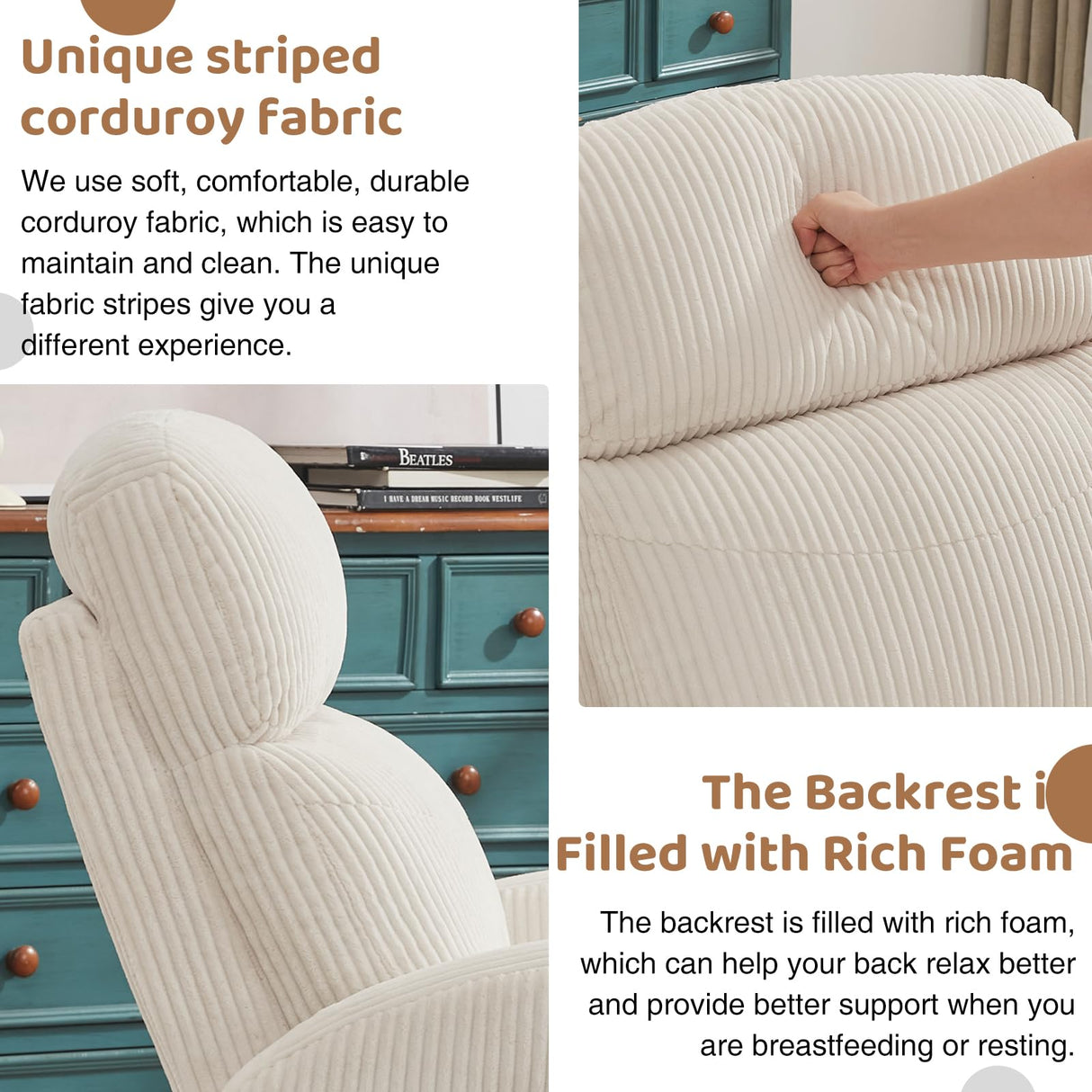 AEMEIOS Swivel Recliner Rocker Nursery, Nursering Glider Recliner, Manual Swivel Rocking Reclining with Double Pockets for Living Room, Corduroy Cream White AEMEIOS