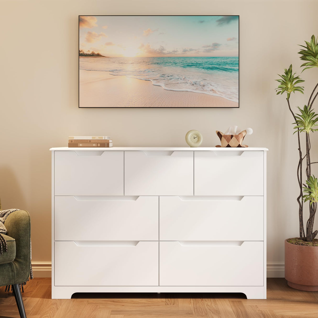 Gizoon 7 Drawer Dresser, 48" Wide White Dresser for Bedroom, Chest of Drawers with Handle Free Design, Modern Storage Organizer for Living Room, Kids Room, Entryway, Hallway, White Gizoon