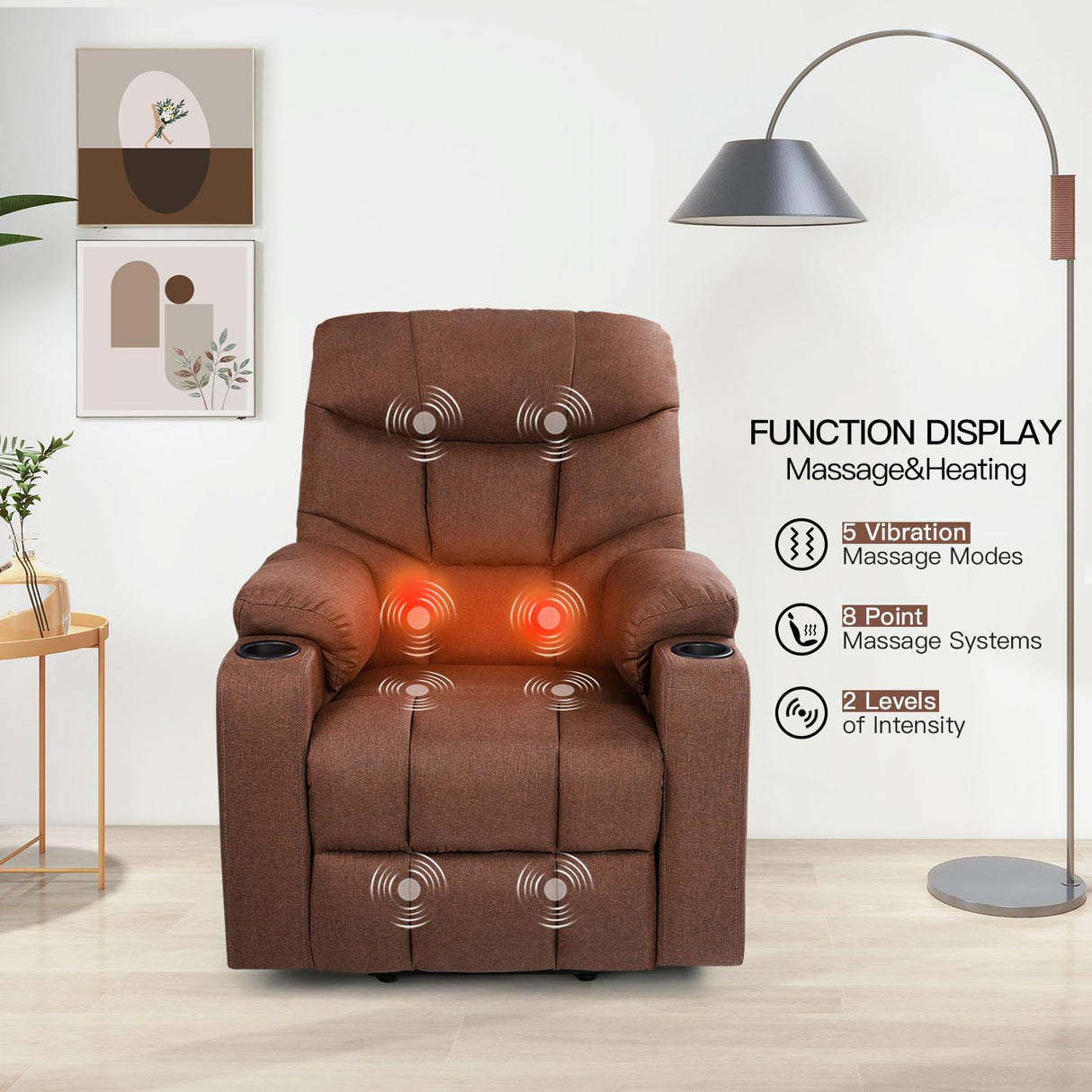 Esright Power Lift Recliner for Elderly, Electric Lift Chair with Heated Vibration Massage,Heavy Duty Electric Recliner with Side Pockets, USB Charge Port & Cup Holders, Brown Esright