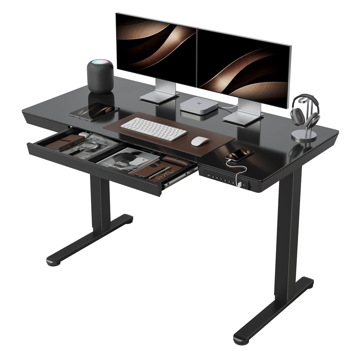 CubiCubi 48 × 24 Electric Standing Desk with Drawers, Whole-Piece Glass Adjustable Height Desk, One-Piece Quick Install Adjustable Sit Stand Desk, Black CubiCubi