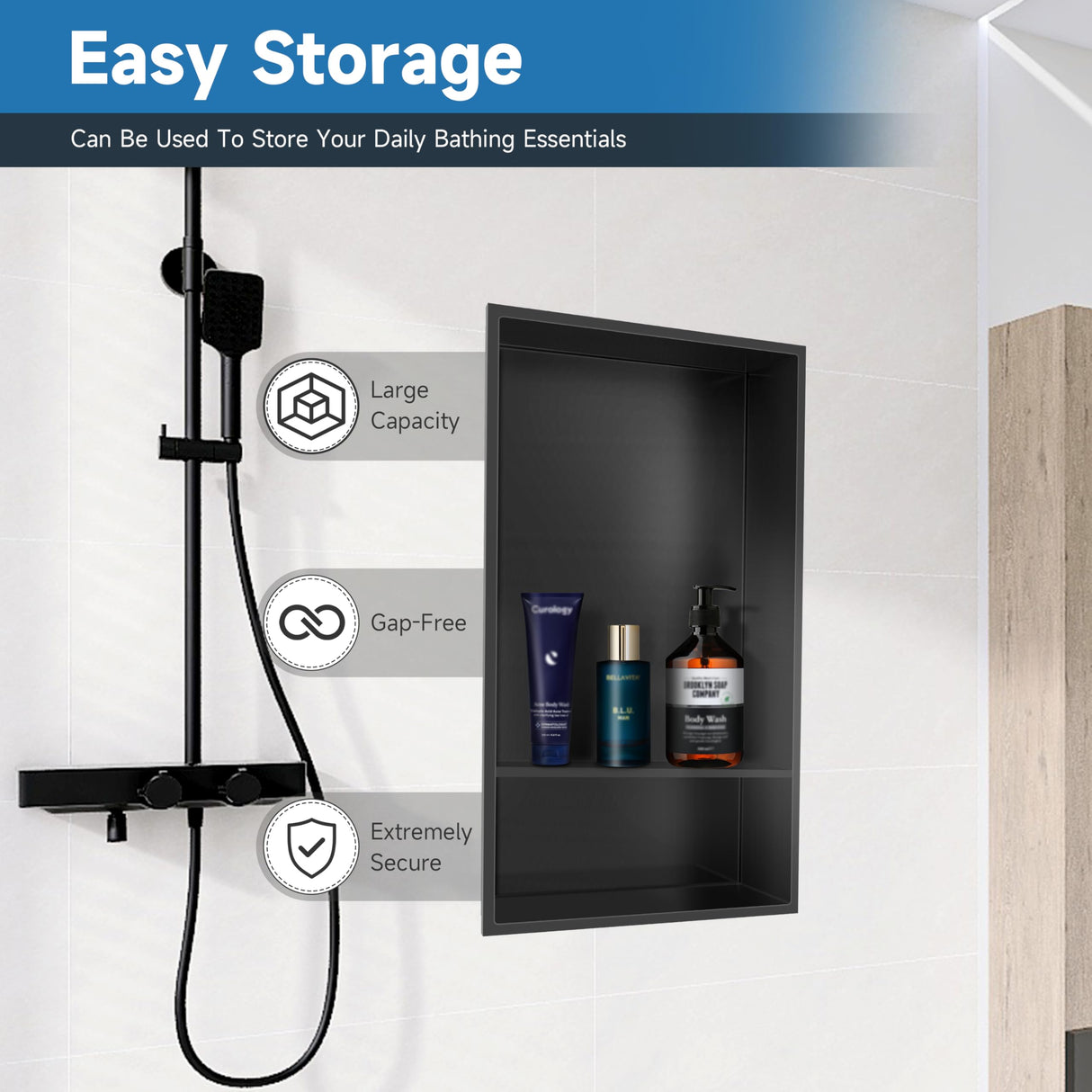 Greenspring 12" X 25" Stainless Steel Shower Niche Insert Tile Ready, Niche for Shower Wall, 2-Tier Recessed Shelves No Tile Needed for Bathroom Storage, Matte Black Greenspring