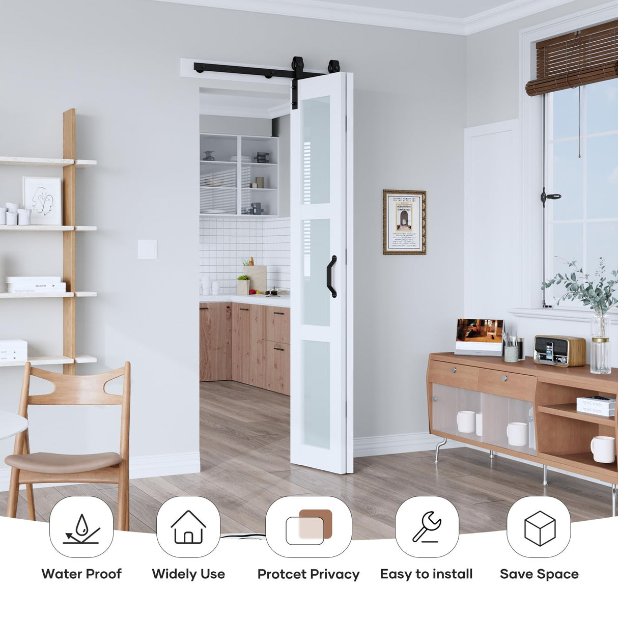EaseLife 30"x 84" (Double 15" x 84" Doors) Bifold Barn Door, Bifold Sliding Barn Door with Hardware Kit Included, Solid MDF Wood Slab Covered with Water-Proof PVC Surface, Frosted Glass Panel EaseLife