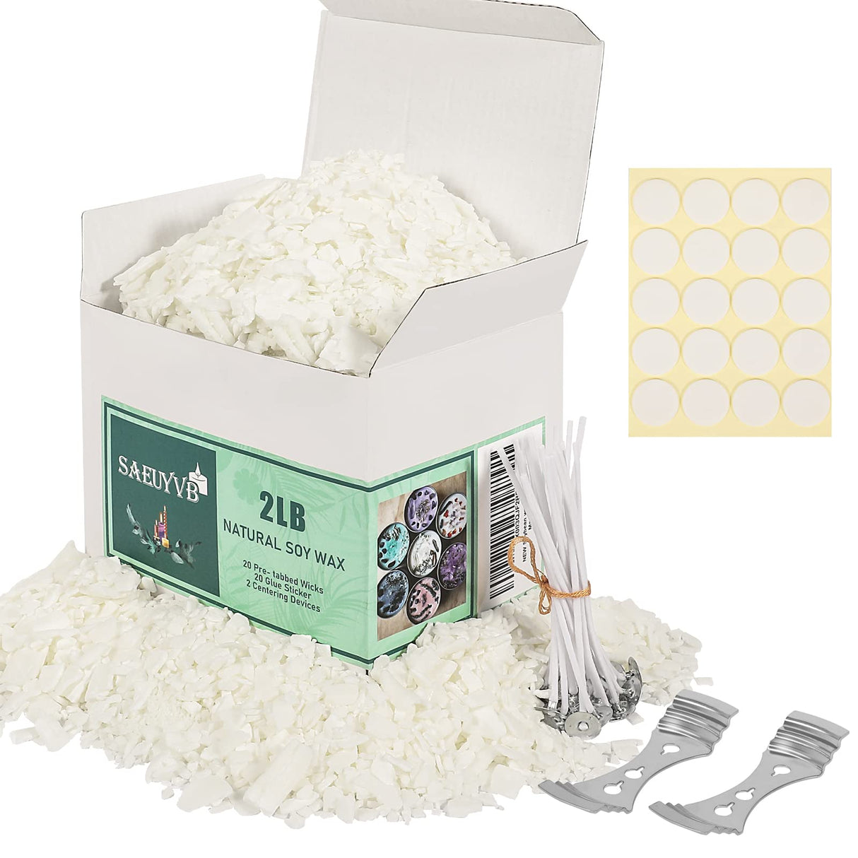 SAEUYVB Natural Soy Candle Wax and Soy Candle Wax for Candle Making - 2 lbs Soy Wax for Candle Making,Premium Soy Candle Wax.20 Candle Wicks, 20 Wick Stickers, and 2 Centering Devices SAEUYVB