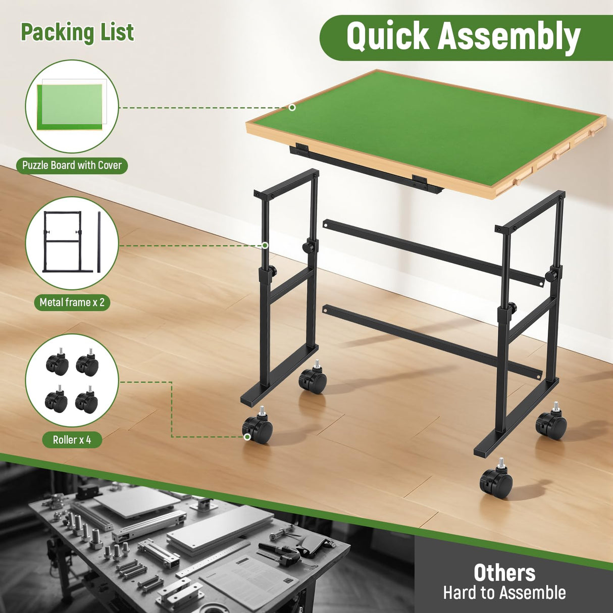Tranqio 1500 Piece Jigsaw Puzzle Table with Metal Lazy Susan, Rotating Adjustable Height Puzzle Desk with Legs for Adults, 4-Tilting-Angle Portable Wooden Game Board with 6 Drawers & Cover Tranqio