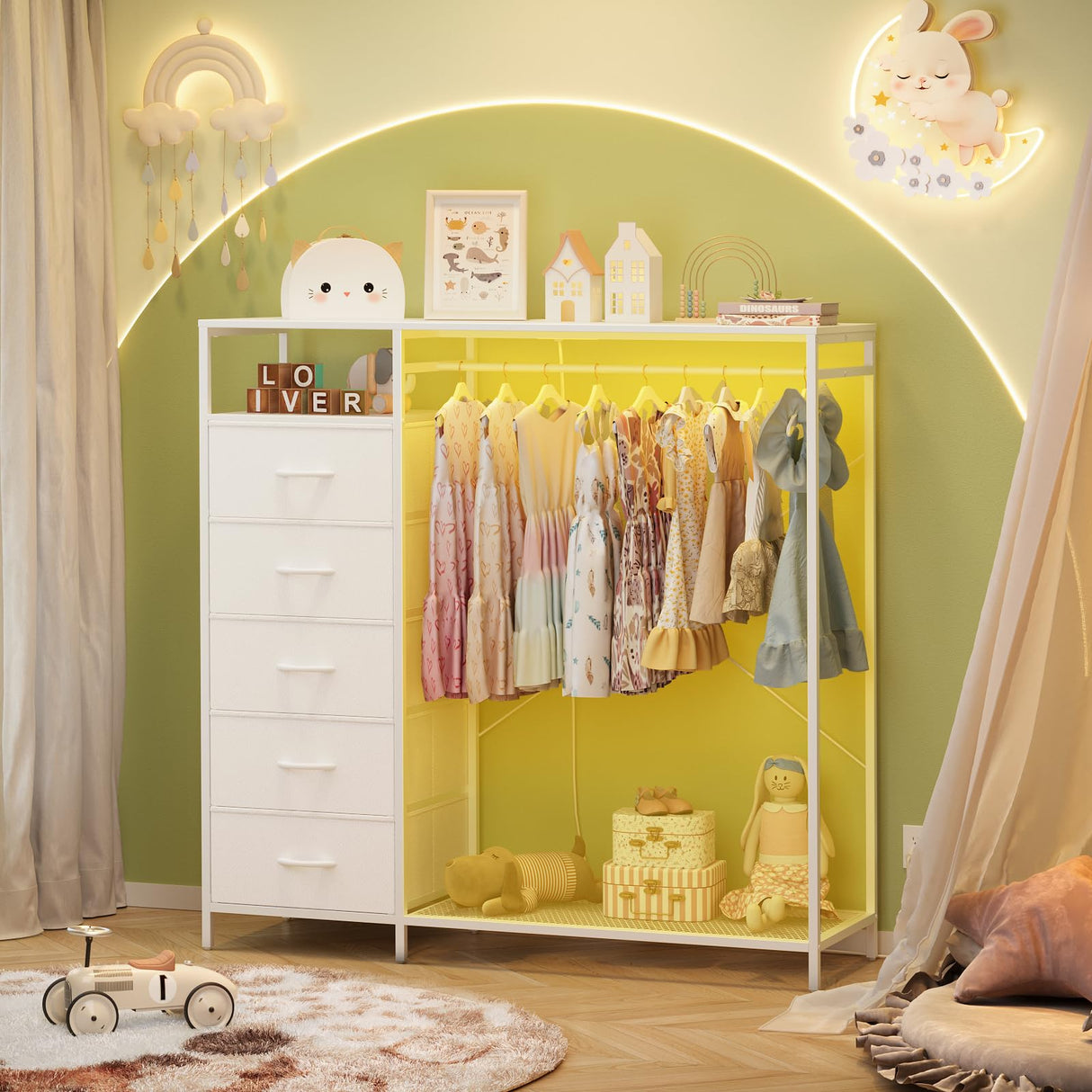 47 Inch White Dresser with LED Lights & Hanging Rack, 5 Drawer Fabric Dresser with Charging Station and Shelves, Tall Closet Organizer for Bedroom Clothes Storage Harpaq