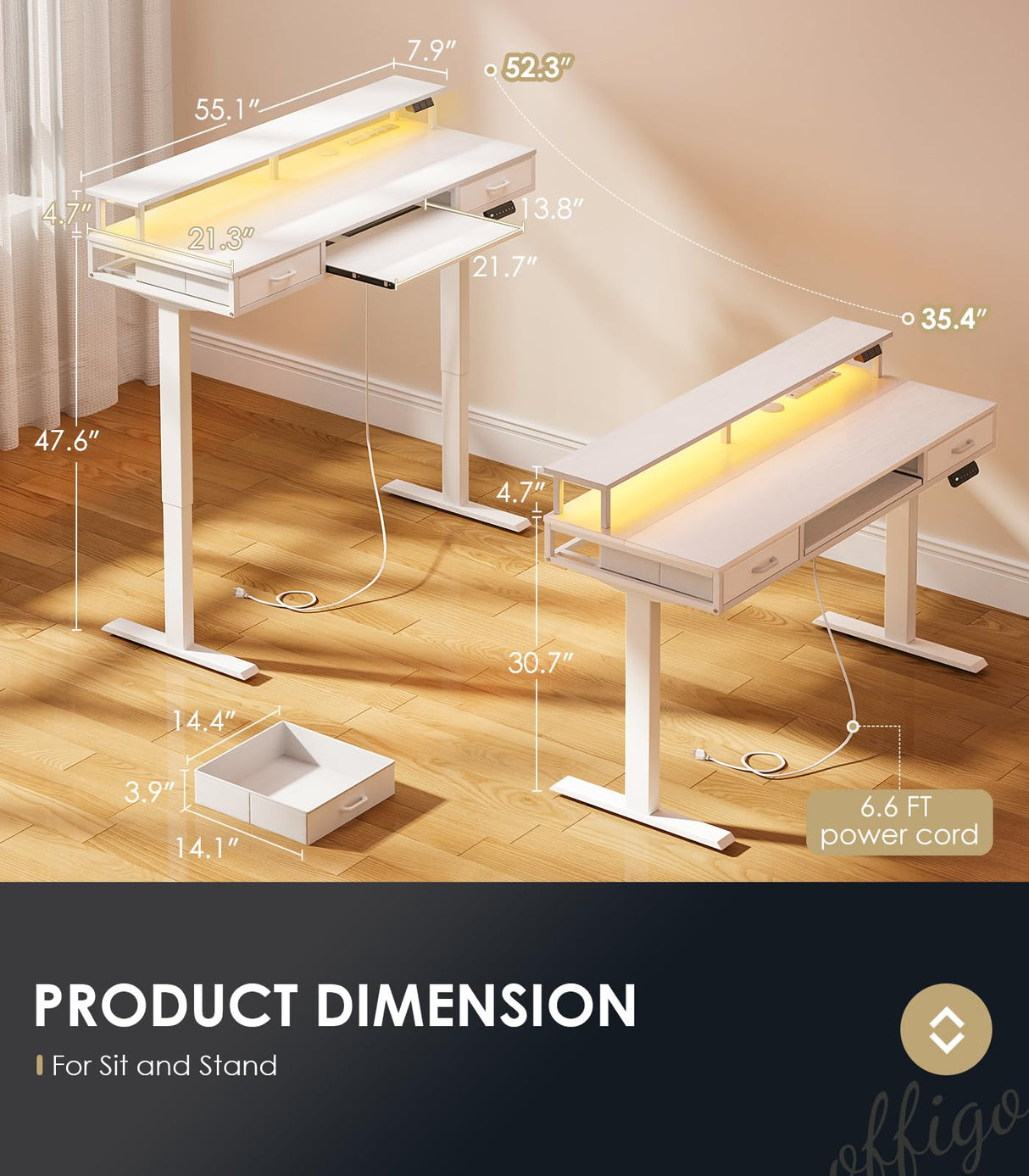 OffiGo Electric Standing Desk with Drawers & Keyboard Tray, 55 Inch Height Adjustable Desk with Power Outlets & LED Lights, Sit Stand Table with Monitor Stand for Home, Office, White OffiGo