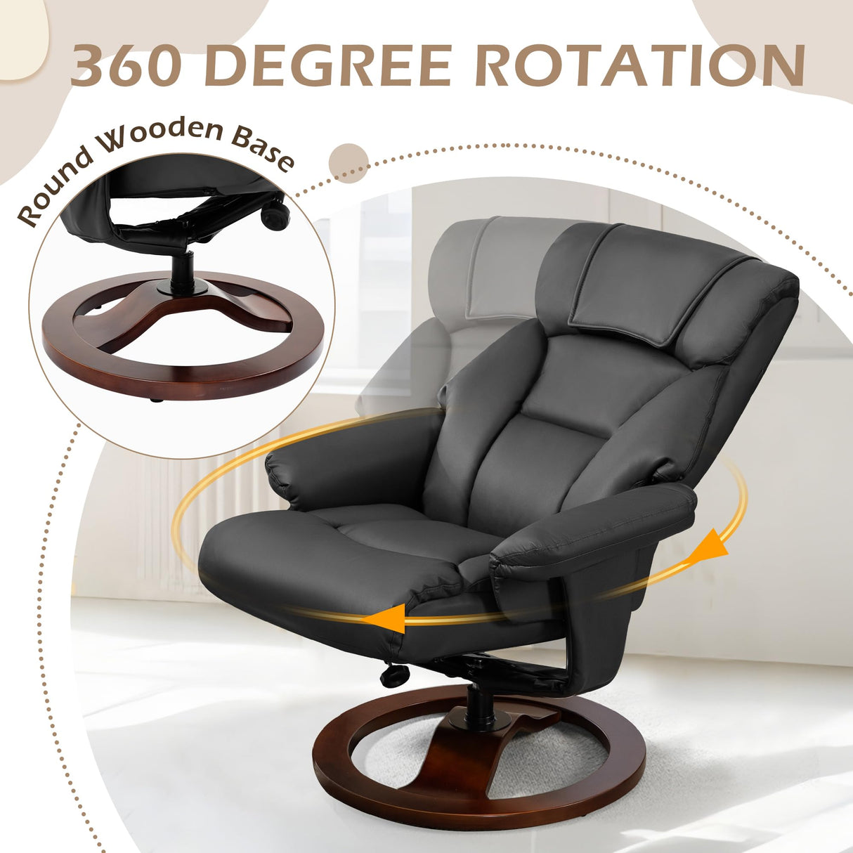 AVAWING Swivel Recliner Chair with Ottoman, Adjustable Faux Leather Lounge Chair, Reclining Chair and Ottoman with Wood Base for Living Room & Bedroom, Black AVAWING