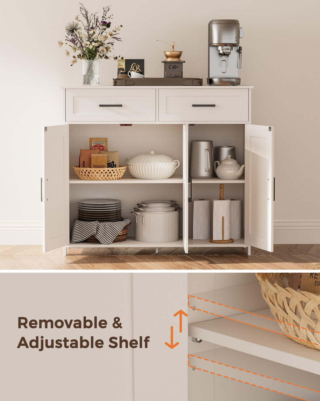 Homhedy Sideboard Buffet Cabinet, Coffee Bar Storage Cabinet with Drawers and Doors, Farmhouse Kitchen Cabinet with Adjustable Shelves, for Kitchen, Dining Room, Living Room, White Homhedy