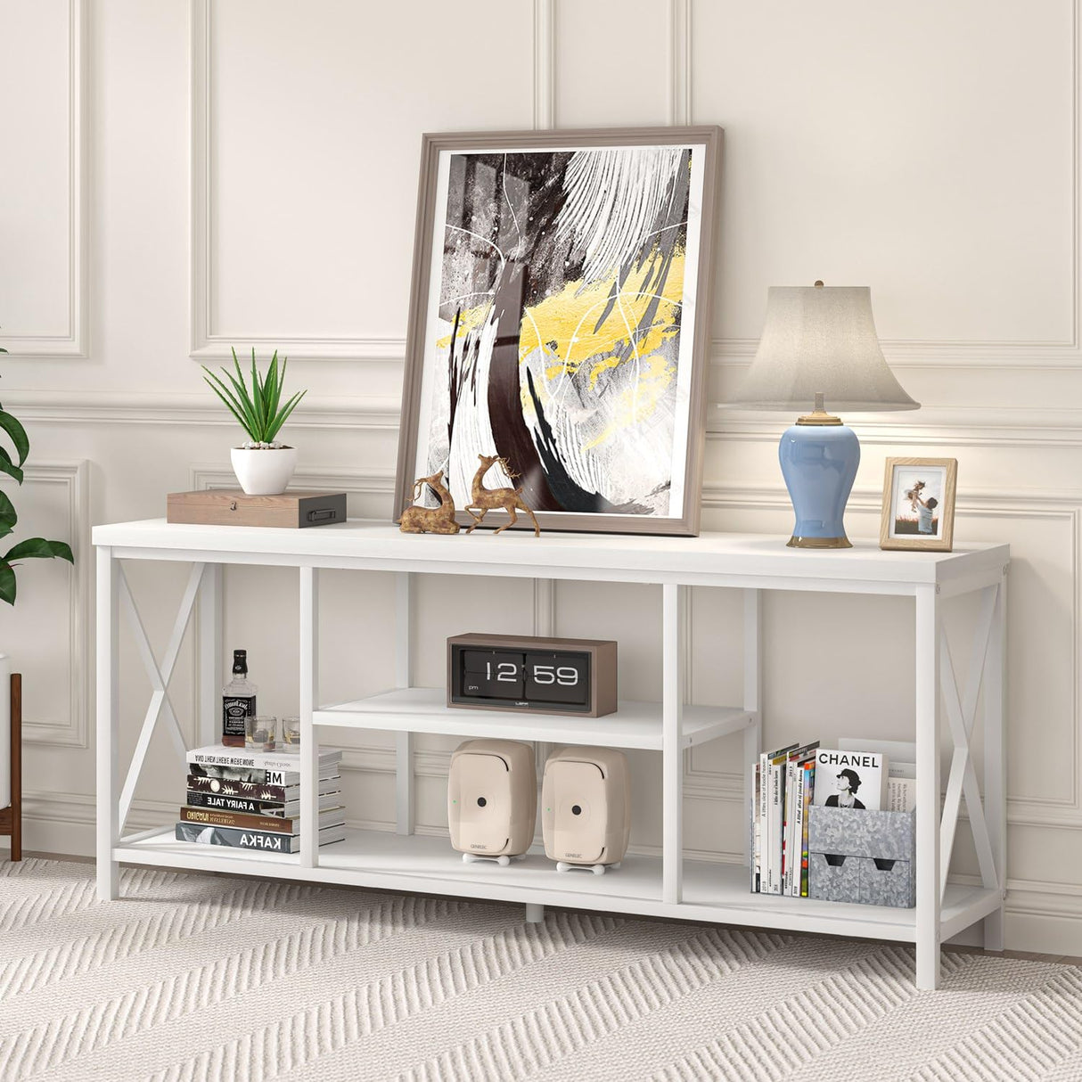 EXCEFUR 55 inch TV Stand for TV up to 65 inch, Modern Media TV Console with Storage Shelves, Entertainment Center for Living Room, Bedroom, White Oak EXCEFUR