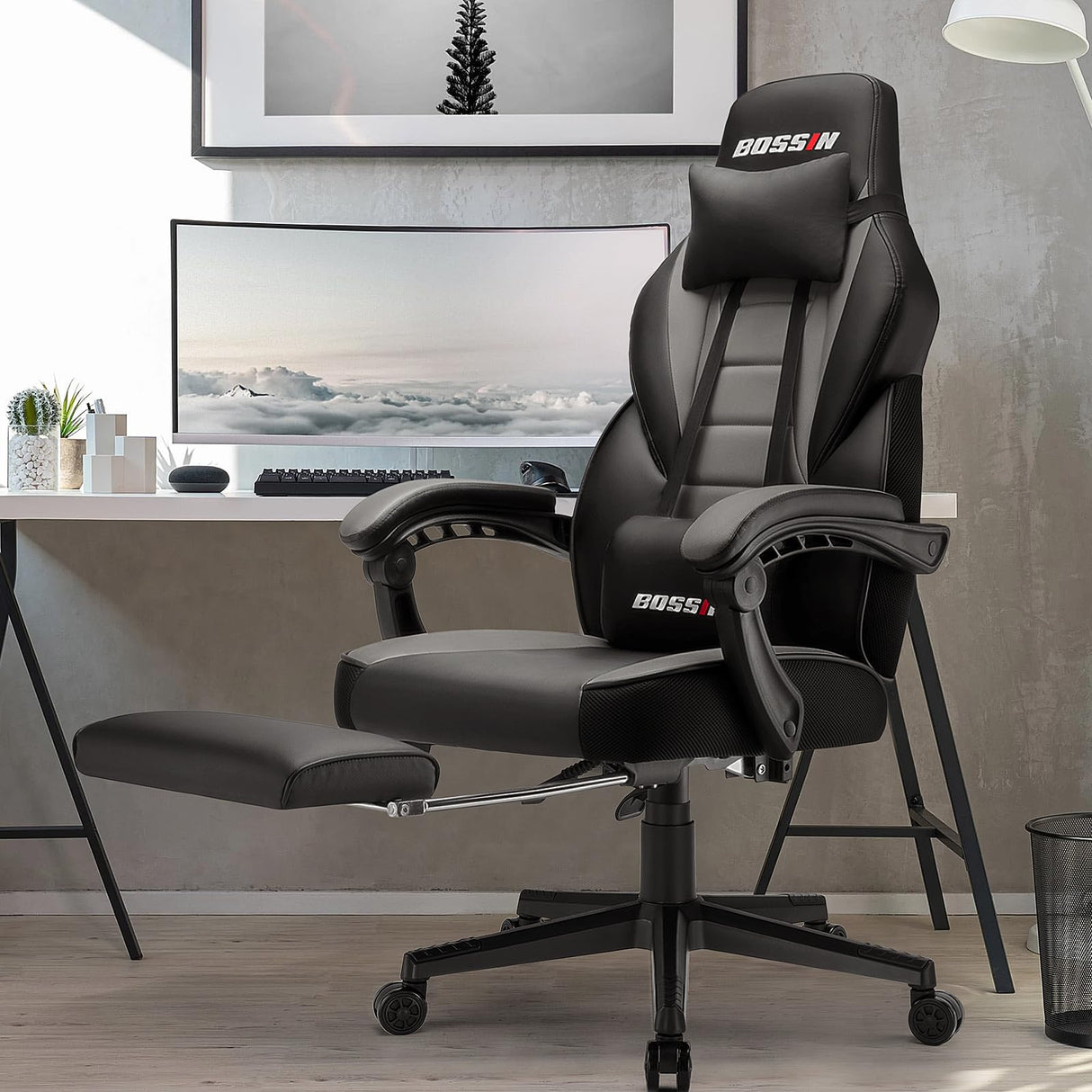 BOSSIN Gaming Chair with Massage, Ergonomic Heavy Duty Design with Footrest and Lumbar Support, Large Size Cushion High Back Office Chair, Big and Tall Gaming Computer Chair for Kids BOSSIN