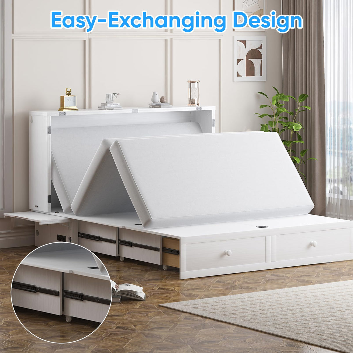 PUREMIND Murphy Bed Queen with Mattress Included - Solid Wood Hideaway Cabinet Bed with 2 Storage Drawers, USB Charging Ports & Headboard - Space-Saving Chest Beds for Home, Guest Room, White PUREMIND