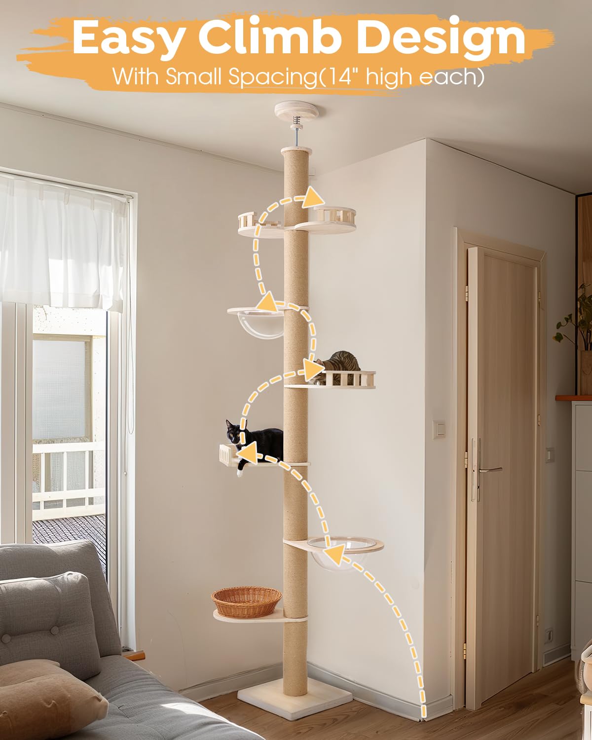 Veehoo Cat Tree Floor to Ceiling-Cat Tower Ajustable Height(106-123 Inches)-Tall Cat Tree with 4.3" Thickened Post, Large Cat Tree Tower for Indoor Cats Veehoo