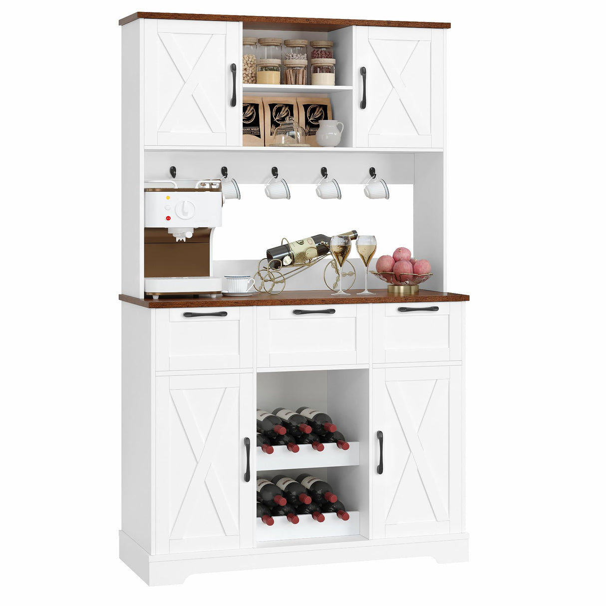 HIFIT 72" Tall Farmhouse Kitchen Pantry Storage Cabinet with Doors & Shelves & Drawer, Freestanding Hutch Cabinet with Microwave Stand/Wine HIFIT