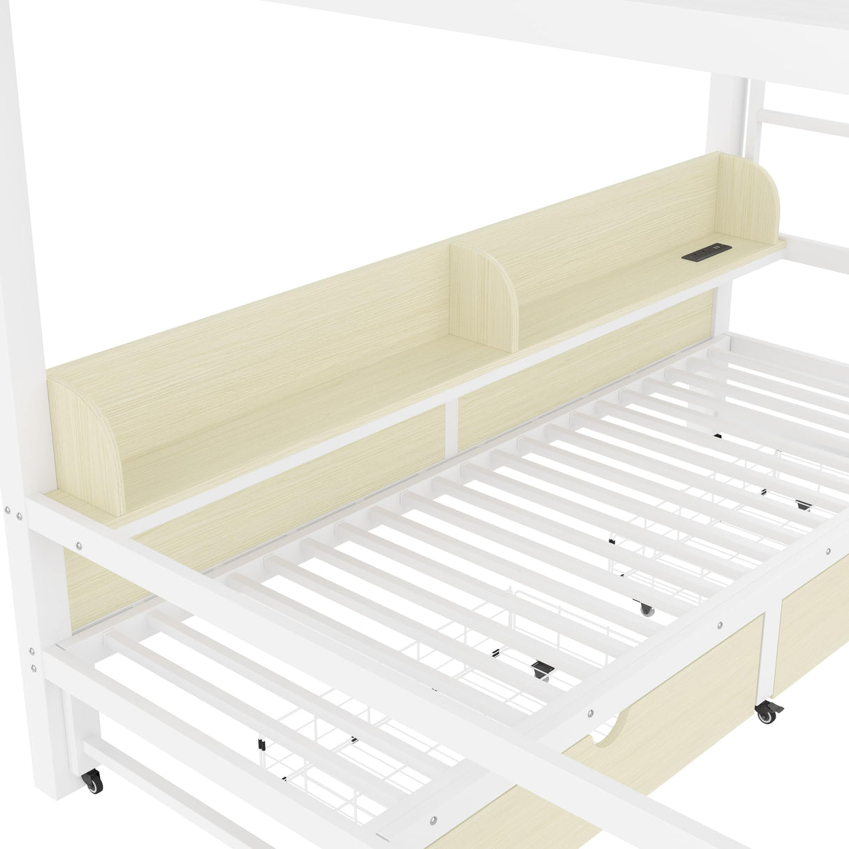 Bellemave Queen Over Queen Bunk Bed Frame with Storage Shelves & Drawers, Metal Bunk Bed Queen Over Queen with Charging Station & LED Lights, Space Saving Beds Frame Convertible to Sofa Design, White Bellemave