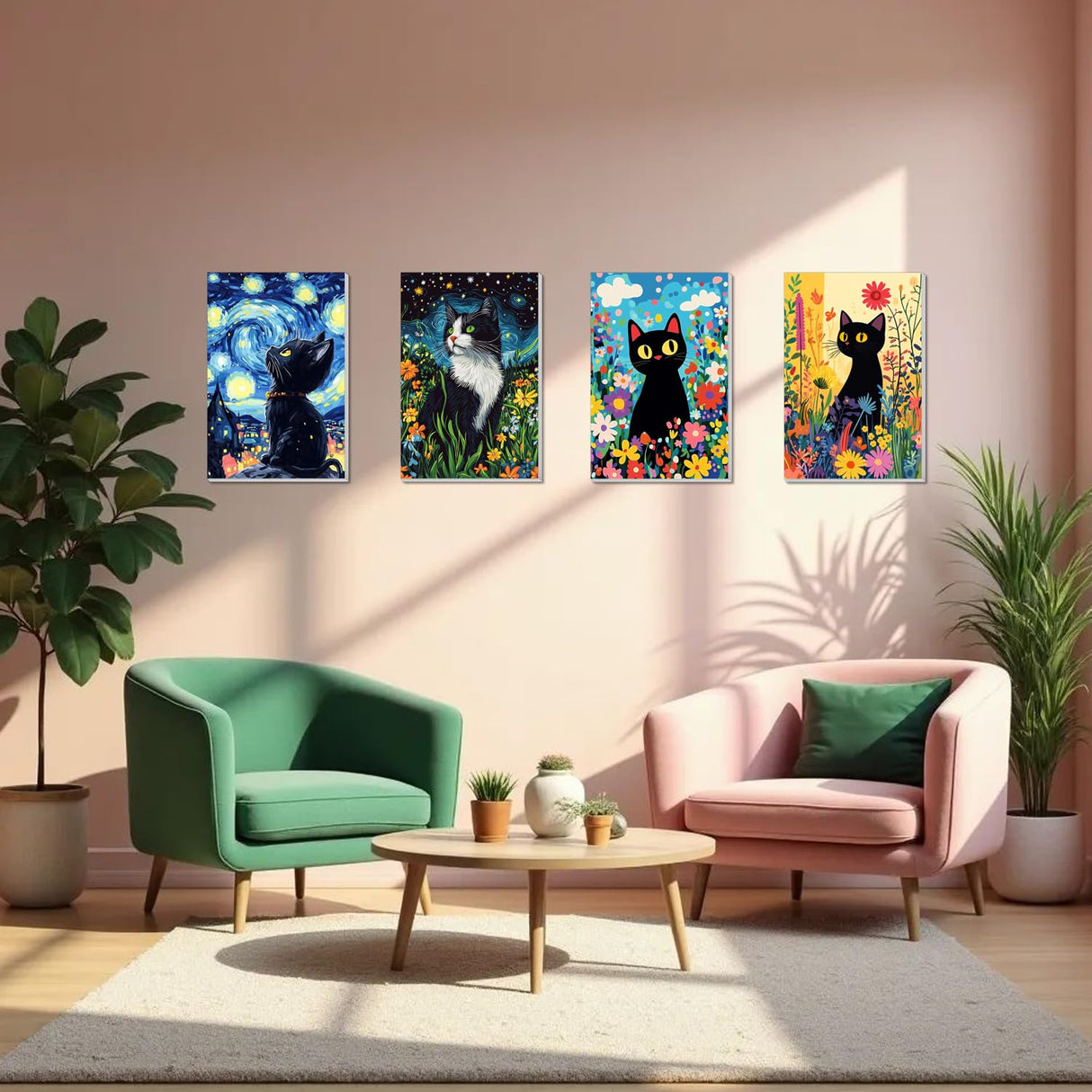 4 Pack Framed Paint by Numbers Kit for Adults Beginner Canvas Painting by Numbers for Adults Black Cat Easy Adult Paint by Number Kits with Frame Starry Night Watercolor Painting by Number 8x12 Inch obterie