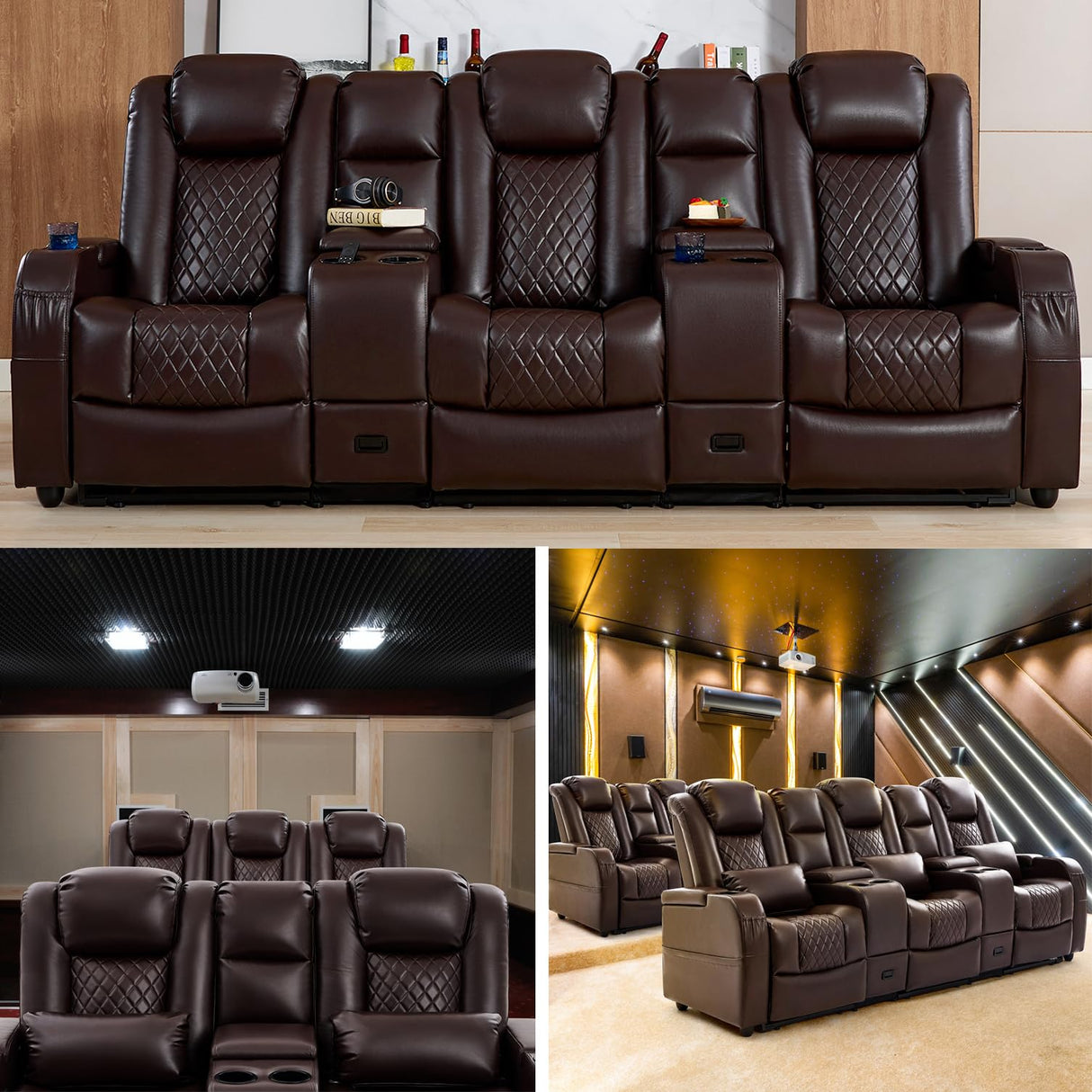 Attliahome Home Theater Seating, Recliner Sofa PU Leather with Central Console and 3 Pillows, Wall Hugger Recliners & 135° Reclining Theater Seats (Row of 3,Brown) Attliahome
