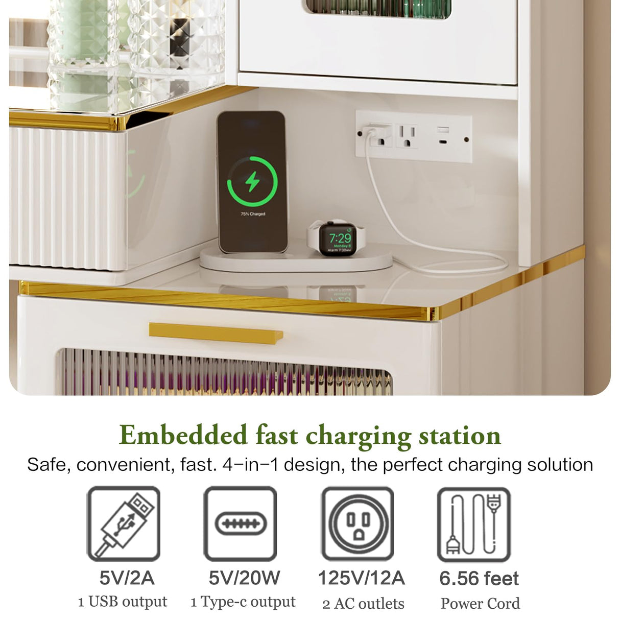 Chrangmay 47.24" Big Modern Vanity Desk with Mirror and Lights,Makeup Vanity Desk with 5 Drawers and Storage Shelves & Power Outlet,Dressing Table with Glass Top, White Chrangmay