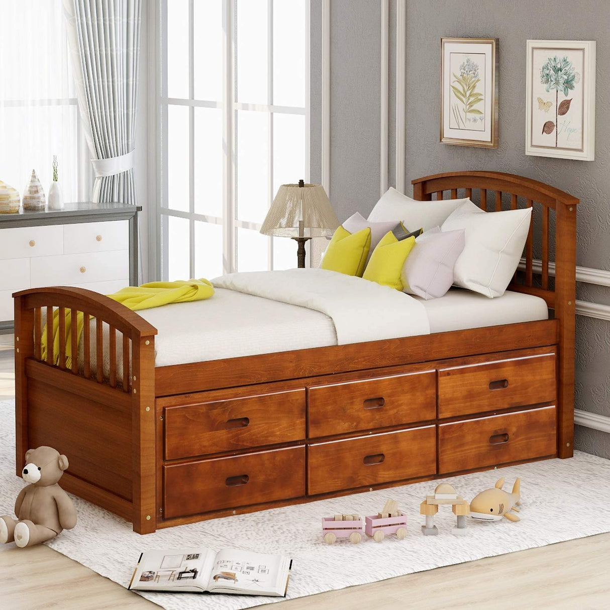 Merax Walnut Twin Size Solid Wood Platform Bed with 6 Storage Drawers Merax