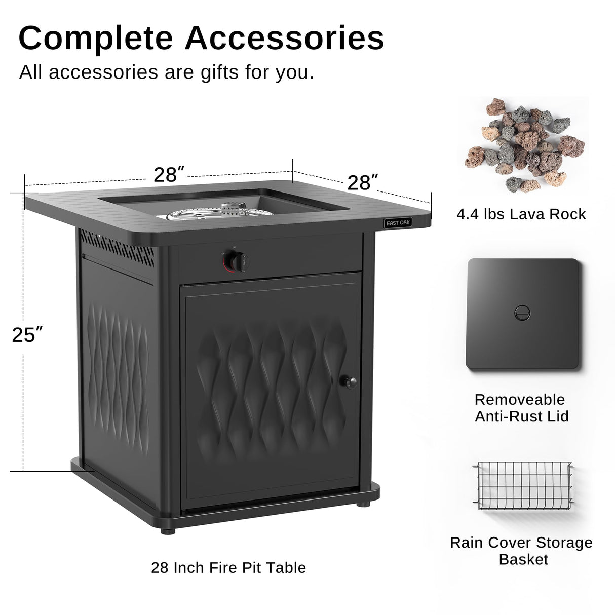 EAST OAK 28'' Propane Fire Pit Table, 50,000 BTU Steel Gas FirePit for Outdoor, Outside Patio Deck and Garden, CSA Certified Fire Table with Magnetic Lid, Cover-Storage Basket and Lava Rock , Black EAST OAK