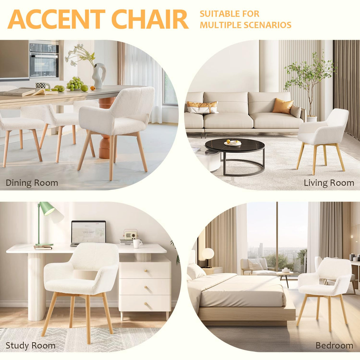 YEEFY Mid Century Modern Dining Chairs Set of 2 & 4 & 6 Comfy Accent Chair Upholstered Kitchen Dining Living Room Chairs for Bedrooms Waiting Room Home Arm Desk Chair No Wheels (Wool White, 2) YEEFY