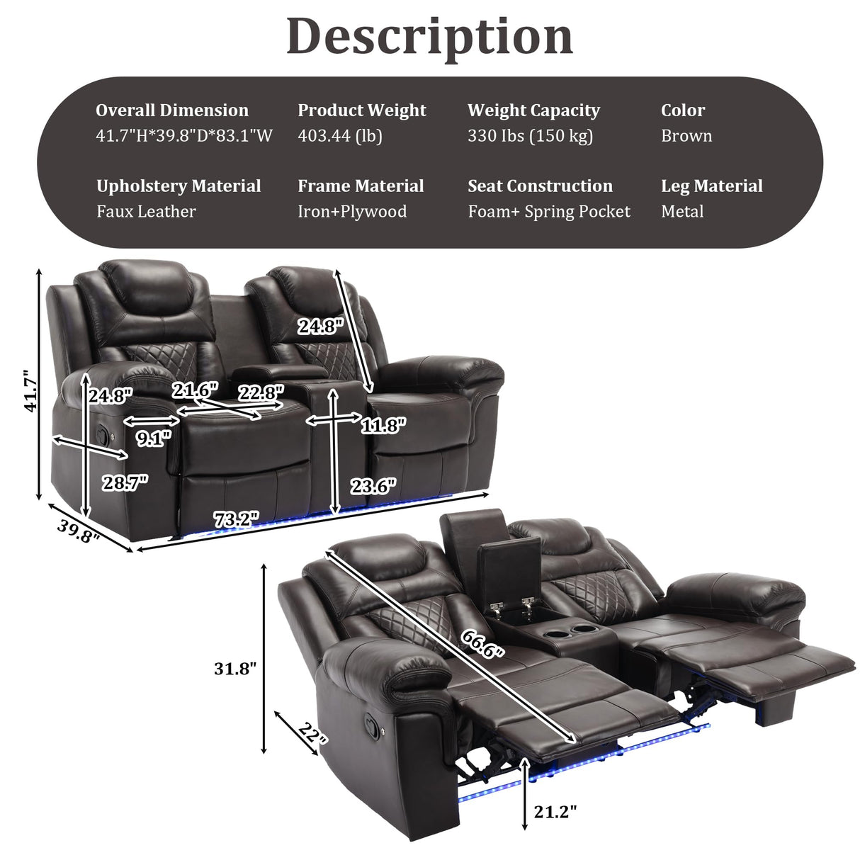 Olodumare Leather Reclining Sofa Set,Home Theater Seating with Center Console, LED Light Strip, and Storage Cup Holders, 2 Seater for Living Room,Office,Home Theater,RV. Loveseat(Brown) Olodumare
