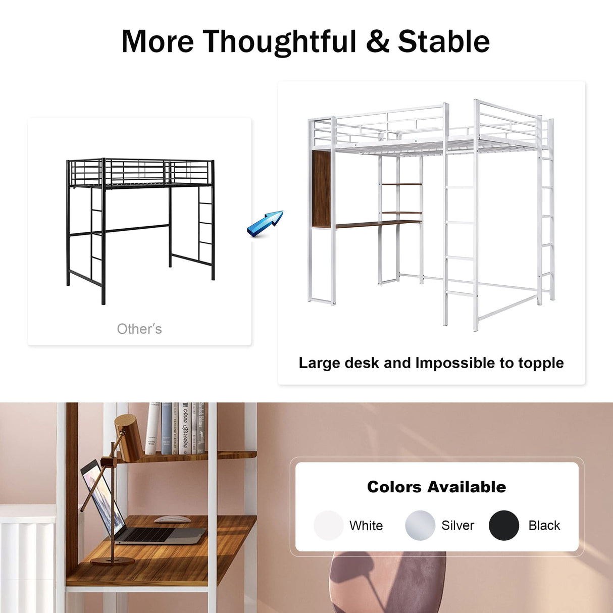 Merax Full Size Metal Loft Bed with 2 Shelves and one Desk,Full Loft Bed,Easy Assembly, No Box Spring Needed, White Merax