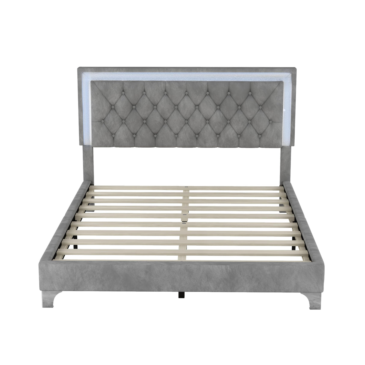 Elegant LED Velvet Platform Bed Frame with Tufted Headboard and Nightstands - 3-Piece Bedroom Set in Grey Merax