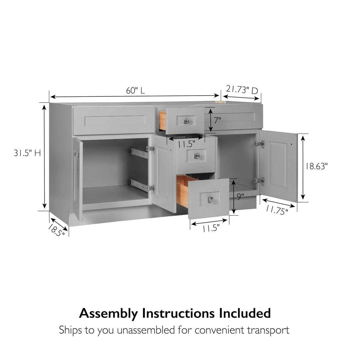 Design House Brookings 60 Inch Bathroom Vanity, Ready to Assemble, Solid Wood, Sherwin Williams® Gray, 599019-GRY Design House