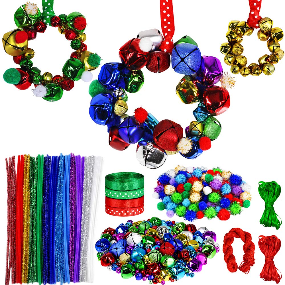 Winlyn 475 Set Christmas Jingle Bell Wreath Christmas Tree Ornaments Craft Kit Jingle Bell Metallic Chenille Stems Glitter Pom-Poms Ribbon Assortment for Kids Holiday Xmas Bracelets Necklaces Artwork Winlyn