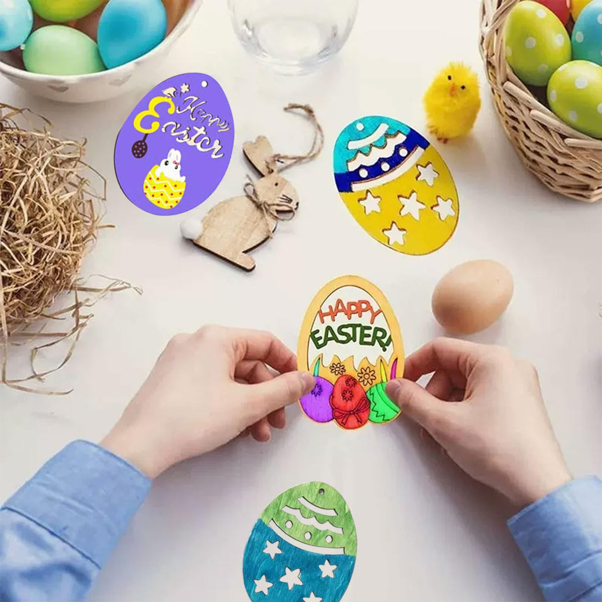 SHEHARUHI 56 PCS Easter Wooden Hanging Ornaments Unfinished Ornaments with Bunny to Paint Wood Slices Eggs Crafts for Kids DIY Easter Decorations Party Supplies Decor SHEHARUHI