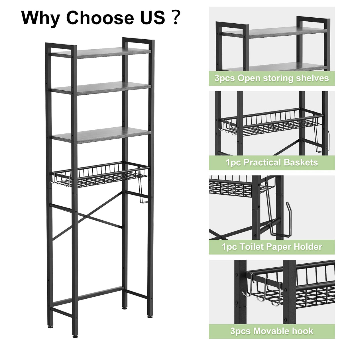 Kalrin Over-The-Toilet Storage Rack, 4-Tier Bathroom Organizer Shelf Over Toilet with Adjustable Shelf and Basket, Freestanding Space Saver Bathroom Shelves Above Toilet for Room (Pure Gray) Kalrin