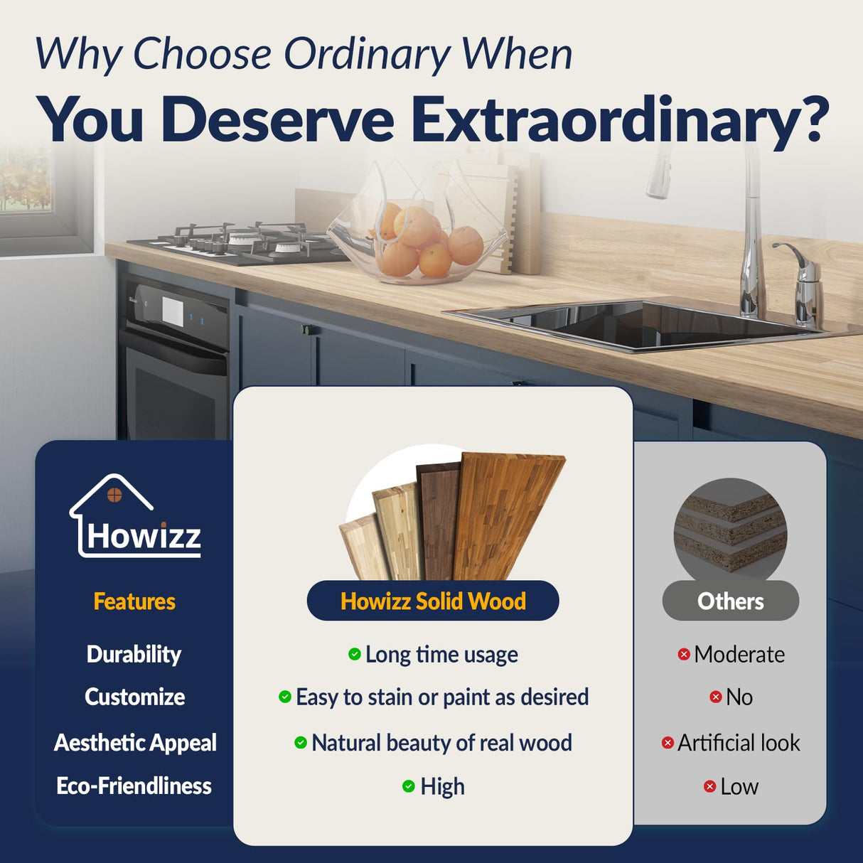 72 x 25 x 1.5 Acacia Butcher Block Countertop, Unfinished Solid Wood Butcher Block Table Top for DIY Island/Kitchen/Workbench Howizz