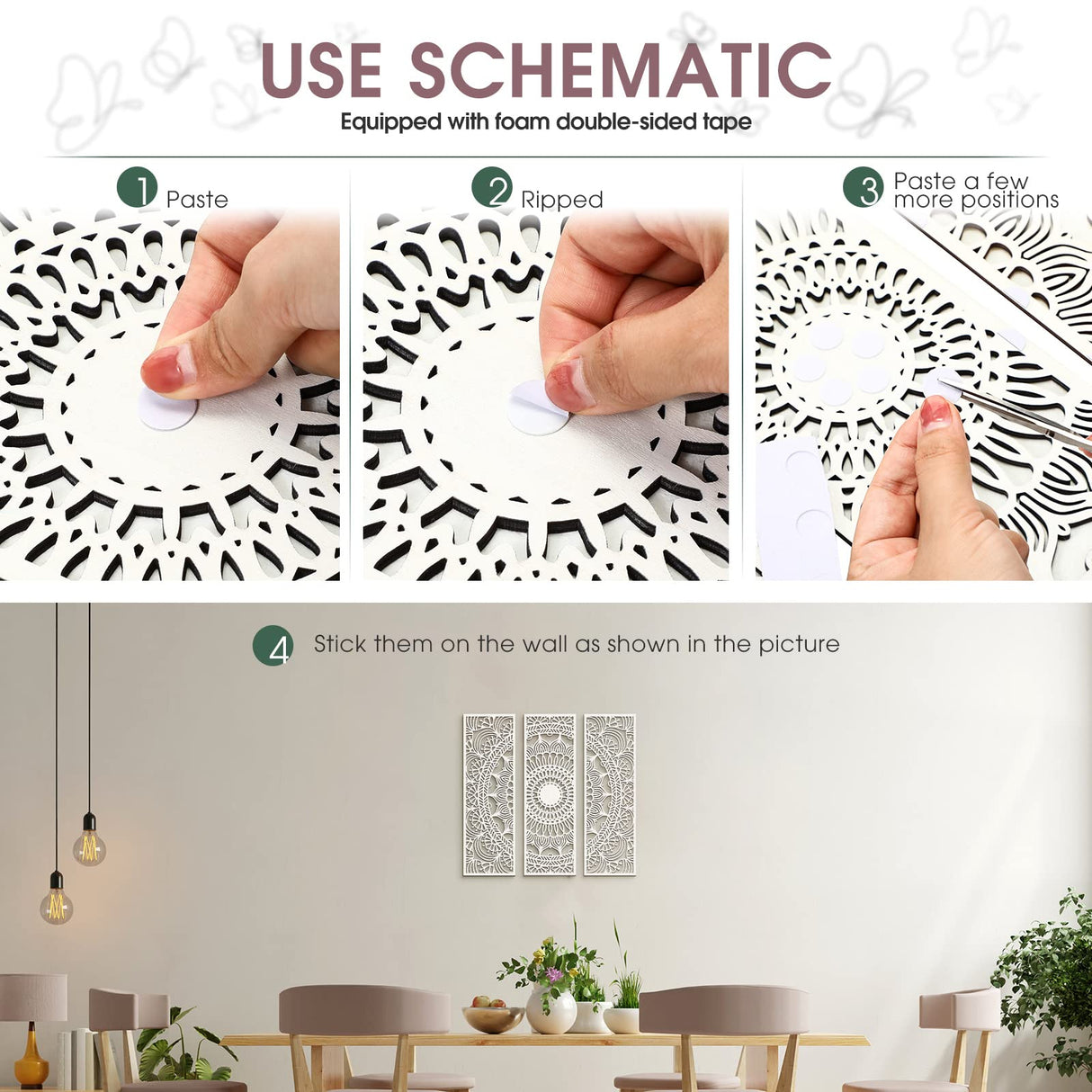 Blulu 3pcs Mandala Wall Art Carved Wood Wall Art Floral Aesthetic Wooden Plaque Set Wood Carving Decor Farmhouse Modern Cutout Plaque for Home Bathroom Decoration(15.8 x 5.1 Inch,White) Blulu