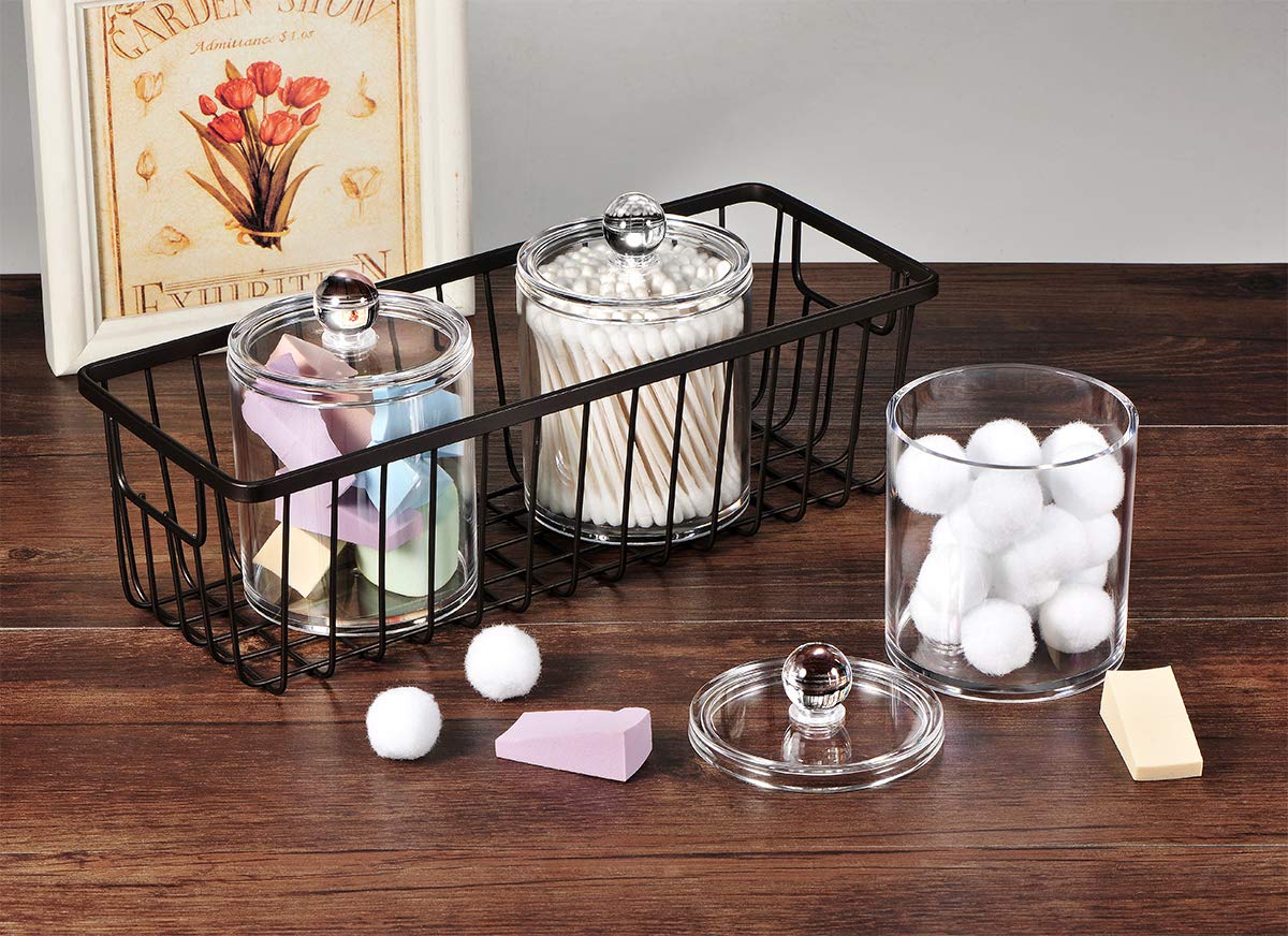 6 Pack Qtip Dispenser Apothecary Jars Bathroom with Labels - Qtip Holder Storage Canister Clear Plastic Acrylic Jar for Cotton Ball,Cotton Swab,Cotton Rounds,Floss Picks, Hair Clips (Clear) SheeChung