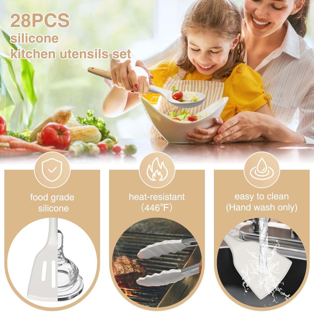 Silicone Cooking Kitchen Utensils Set, AIKKIL 28PCS White Cooking Utensils Set with Wooden Handles, Tongs, Spatula, Pasta Server, Kitchen Gadgets Tools Set For Non-Stick Cookware(BPA Free) AIKKIL