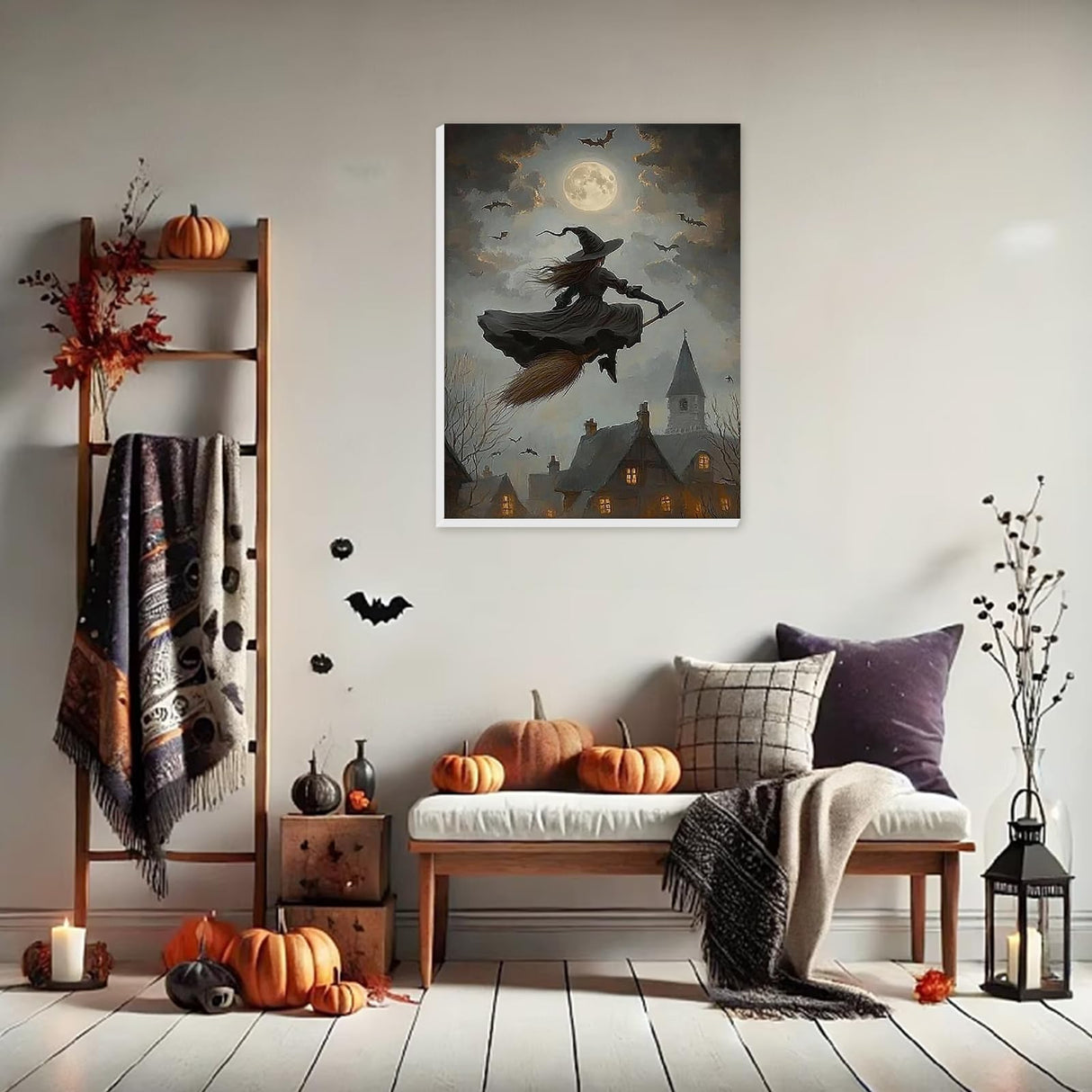 HEIBAGO Halloween Witch Framed Paint by Numbers Kit for Adults, Town Paint by Numbers for Adults Beginner, Adult Paint by Number Kits on Canvas, painting by numbers for gift home wall decor 12*16 inch HEIBAGO